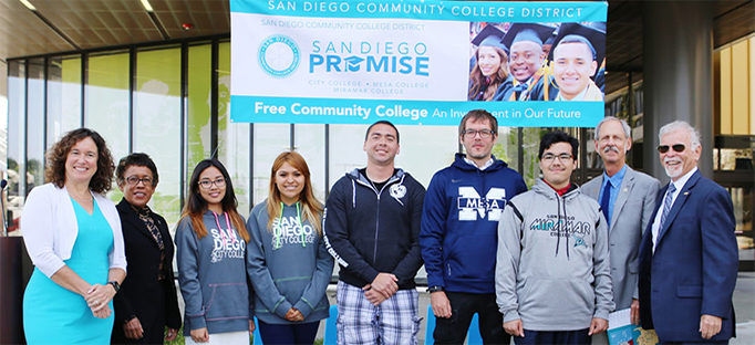 The San Diego Promise, adopted by the SDCCD’s board of trustees in February, includes qualifying students at City, Mesa and Miramar colleges during the 2016-17 academic year. Students who receive some state or federal financial aid will have the balance of the cost of their enrollment fees paid, ensuring free access.